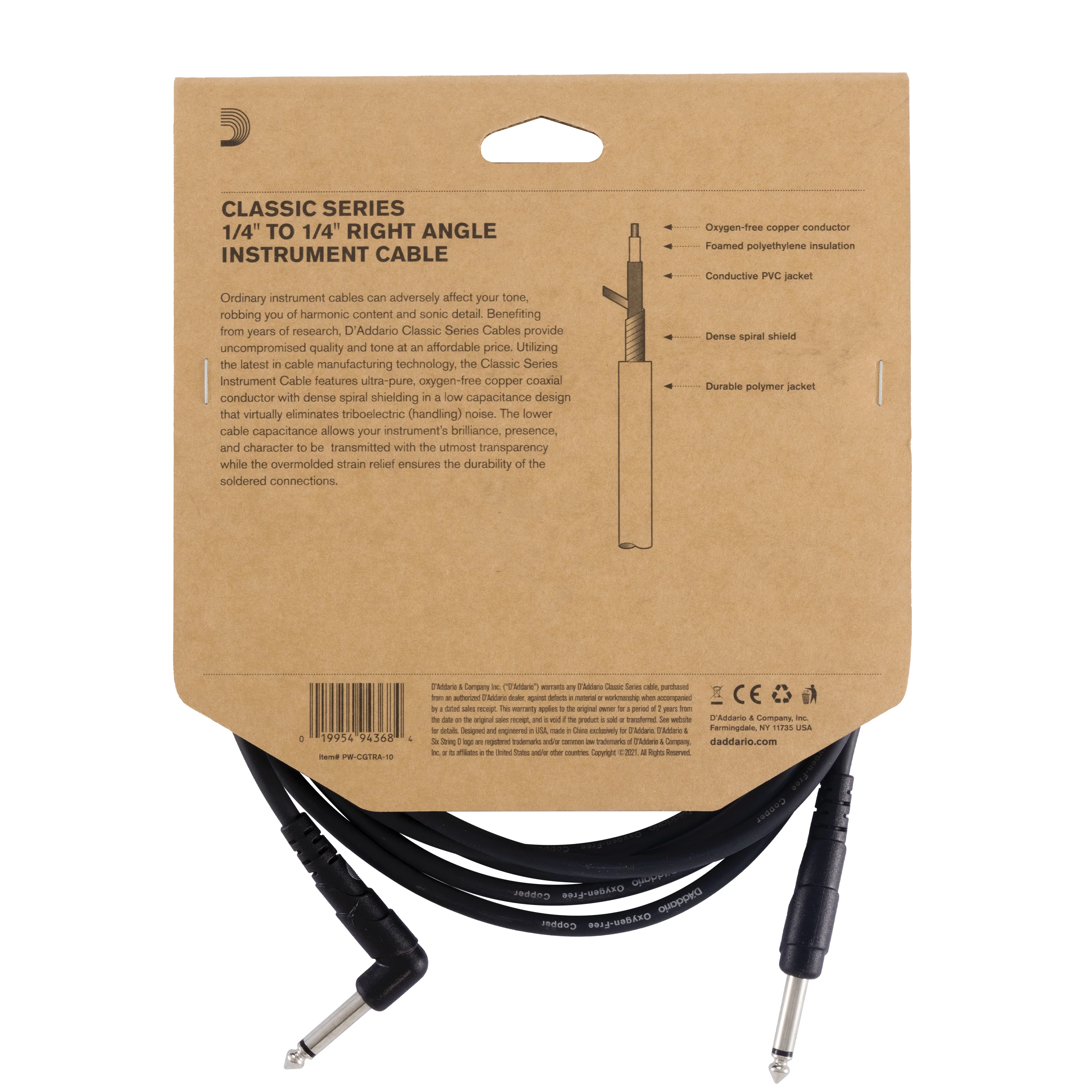 D'Addario Câble instrument gamme Classics par D'Addario, connecteur à angle droit, 3 m - Image 3