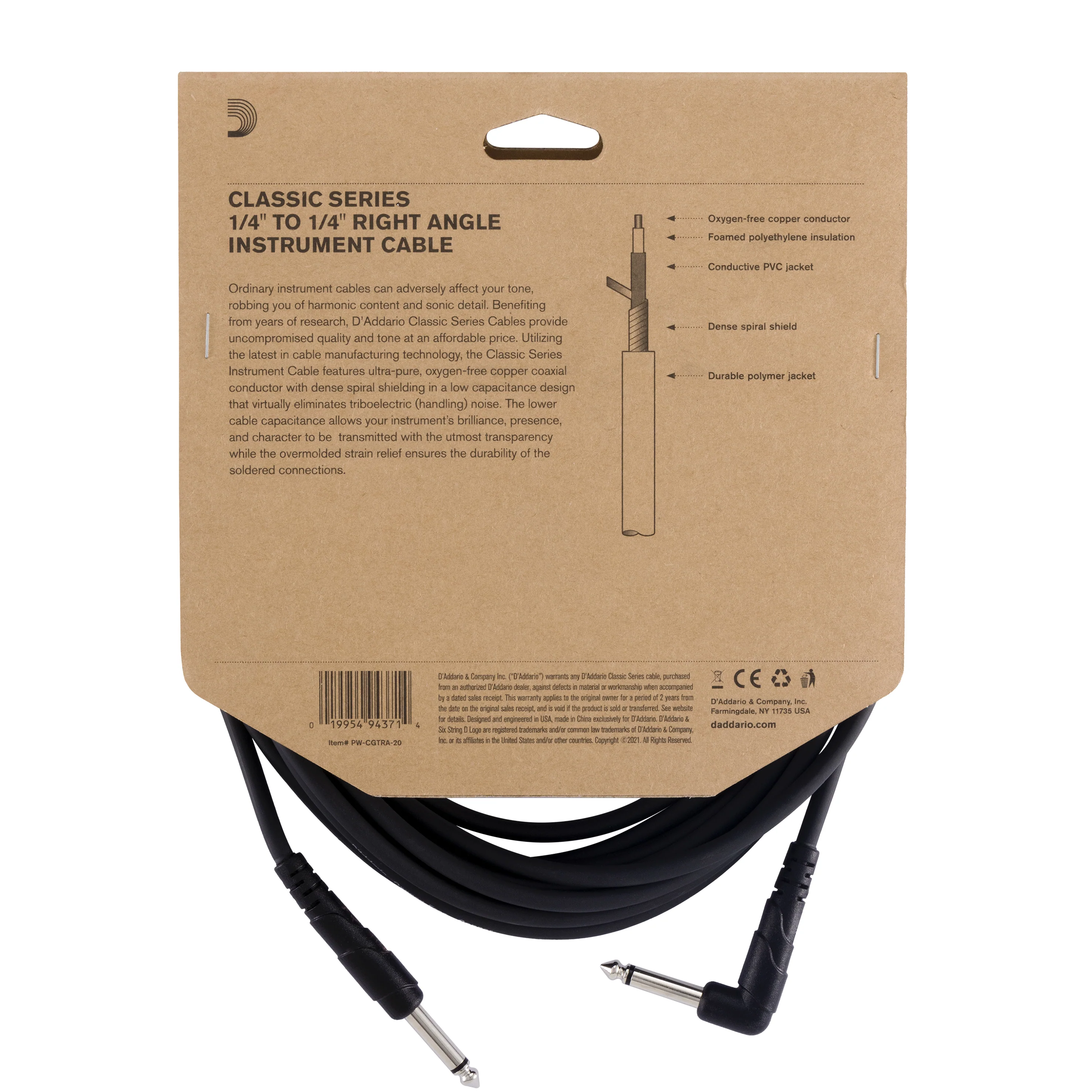 D'Addario Câble instrument gamme Classics par D'Addario, connecteur à angle droit, 6 mètres - Image 3