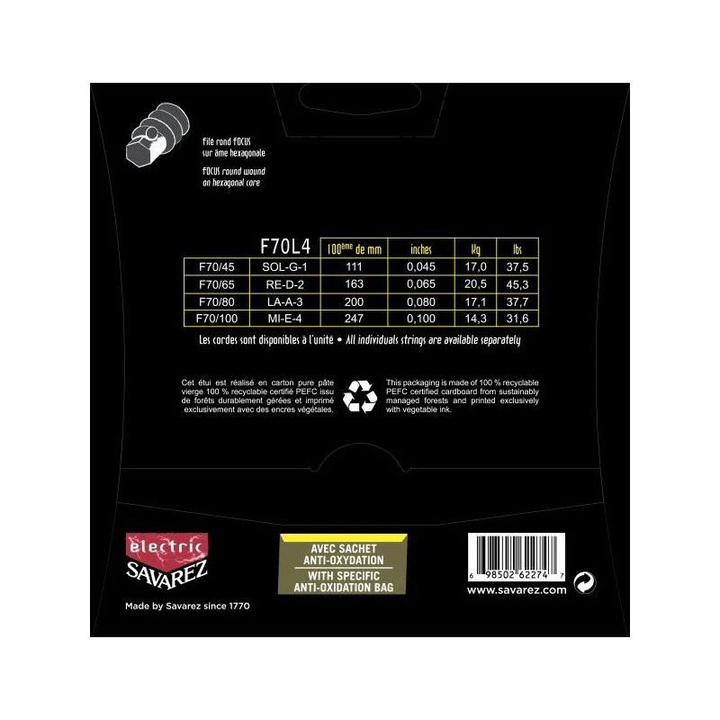 Savarez Focus F70L4 Jeu de 4 cordes pour Basse Tirant 45-100 - Image 2